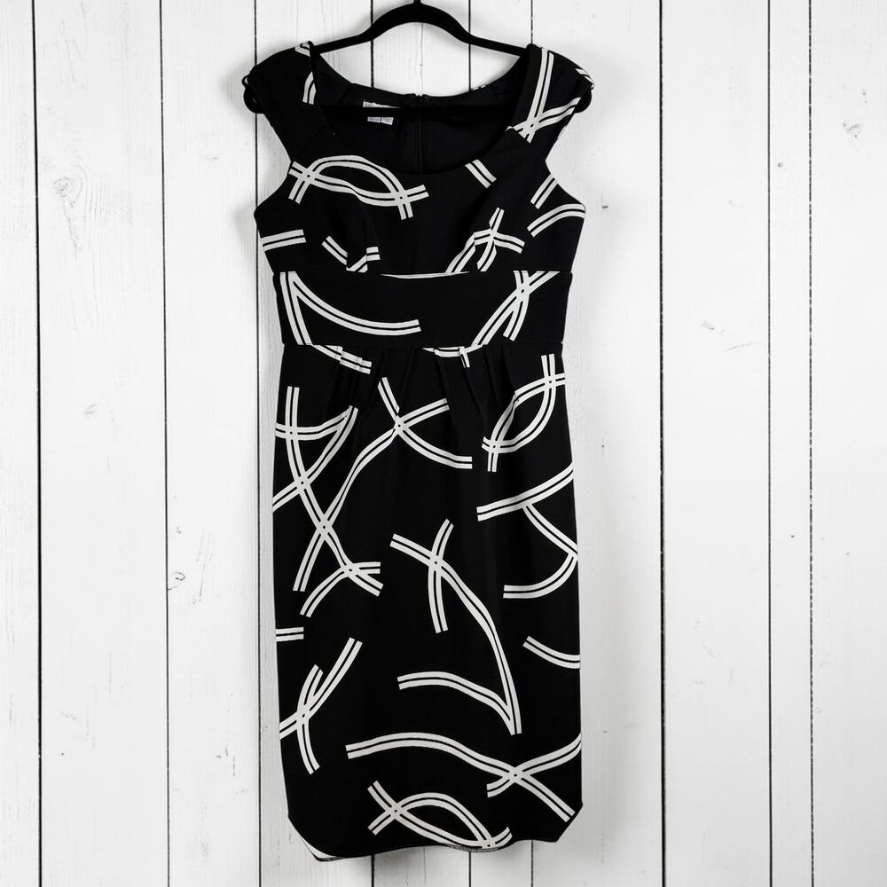 London Times Sheath Dress Size 8 Black White Geometric Print Career Midi